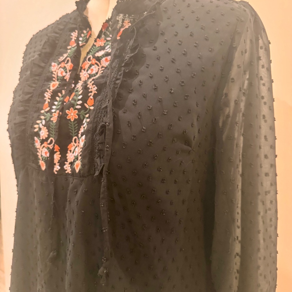 City Chic Boho Embroidered Top with Sheer Sleeves – Size 16